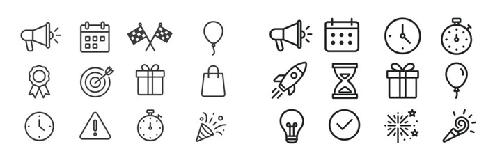 Vector flat illustration of various celebration and event icons in a simple, modern design featuring balloons, timers, and festive elements