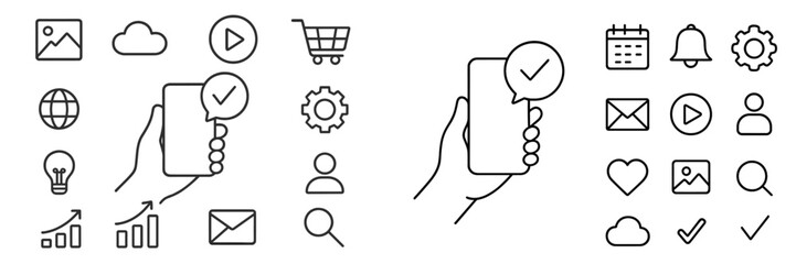 Vector flat illustration of hand holding smartphone with notification and various technology-related icons