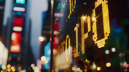 Close-up of golden stock market ticker displaying IPO with financial charts, symbolizing investment opportunities and capital market growth. Financial business and trading concept.