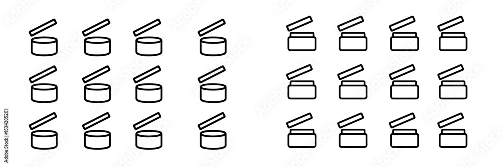 Poster vector flat illustration of various containers with lids arranged in two groups showcasing different
