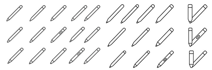 Vector flat illustration of multiple pens arranged neatly in various positions showcasing design variety and creativity