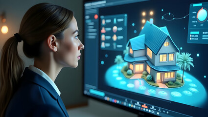 E-Commerce Businesswoman attending a virtual meeting on smart property auction with real-time bids, AI recommendations, and 3D house models rotating in screen space (3)