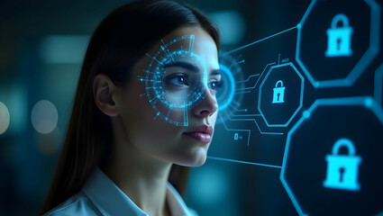 E-Commerce Buyer using a facial recognition scan to approve high-value fintech transaction with bank verification holograms and lock icons in the background (1)