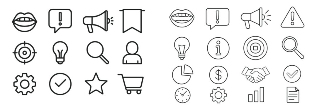 Vector flat illustration depicting various communication icons including dialogue bubbles, alerts, and symbols representing ideas and discussions