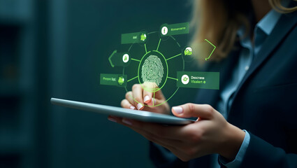 E-Commerce Close-up of a woman's hand scanning her fingerprint on a digital tablet, surrounded by biometric data, money icons, and green success alerts (1)