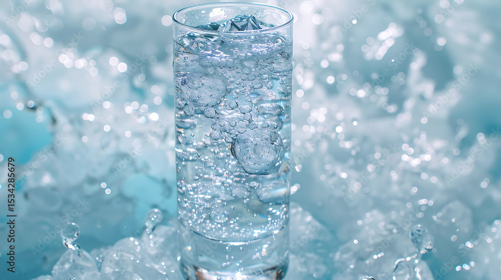 Poster a tall glass of sparkling water with ice cubes sits amidst a bed of crushed ice, creating a refreshi