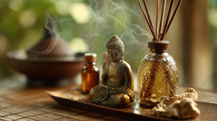 Still life composition featuring buddha statue incense sticks and essential oil bottle on wooden tray