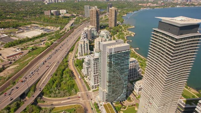 Aerial view of Marine Parade Drive and Lake Shore Boulevard West in Etobicoke near Toronto West downtown, Ontario. Mimico neighbourhood. Lake Ontario waterfront and residential housing developments.