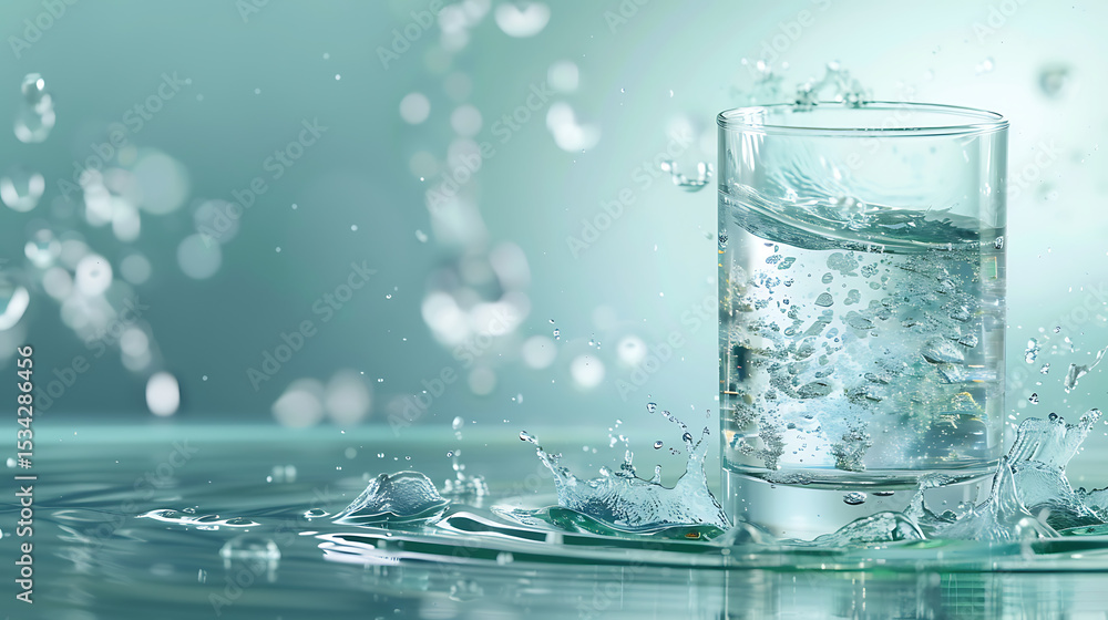 Poster a glass of water with a splash and bubbles creates a refreshing and dynamic scene against a blurred 