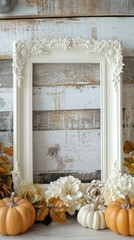 Ornate White Frame with Autumnal Decor and Pumpkins