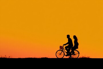 Silhouette Couple Cycling at Sunset: Romantic Golden Hour Bicycle Ride