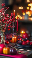 Romantic Autumn Table Setting with Candles and Berries