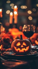 Illuminated Jack-o'-lantern centerpiece at a Halloween dinner party