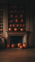 Autumnal Abundance Pumpkins on a Vintage Wooden Shelf and Fireplace