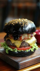 Gourmet Black Burger with Melted Cheese and Toppings on Wooden Board