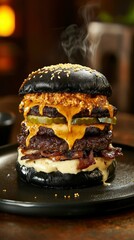 Gourmet Black Burger with Melted Cheese and Bacon