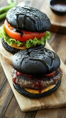 Two Gourmet Black Burgers with Sauce on Wooden Board