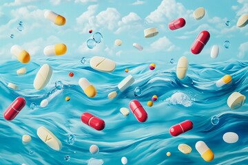 Colorful pills floating on ocean waves under bright sky