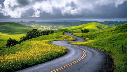 Naklejka premium Winding road through rolling hills bathed in sunlight