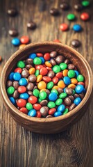 Colorful Chocolate Candies in Wooden Bowl on Rustic Wooden Table