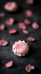 Delicate Pink and White Meringue Cookie on Dark Background with Scattered Petals