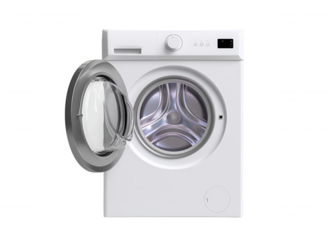 Front Load Washing Machine with Open Door, Isolated on White