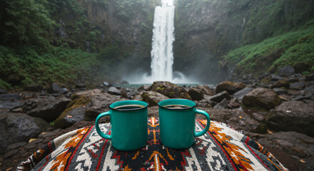 Two teal mugs of coffee on patterned blanket by a waterfall  