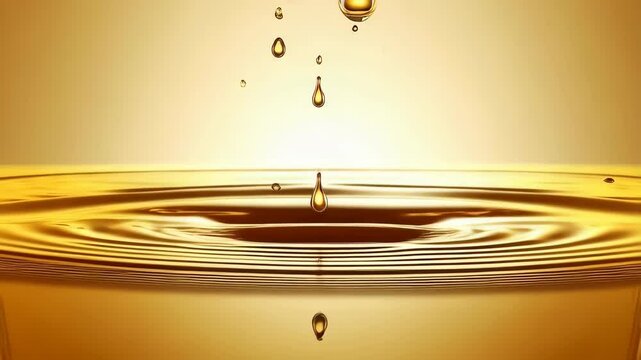 Golden liquid drops splashing and creating ripples in a shallow pool of fluid against a smooth yellow gradient background.