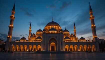 Obraz premium Beautifully lit mosque at dusk, showcasing architectural elegance.