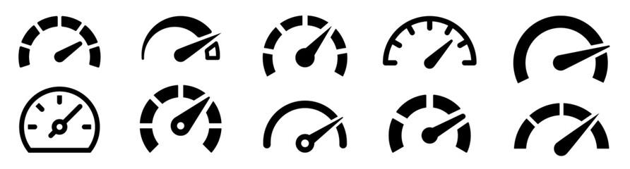 Speedometer icons set. Speed, tachometer, fast, indicator, risk, performance, slow, car, speeding - stock vector.