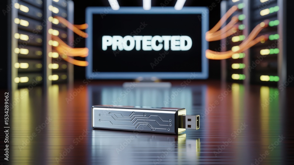 Poster usb flash drive with data protection on server room background. data security concept.