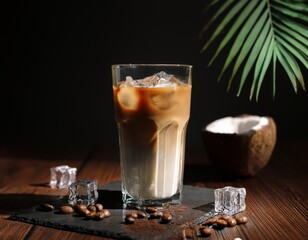 Cold drink with ice and coffee sits with beans and coconut on a wooden surface with a palm leaf, showing a fresh refreshing summer mood.