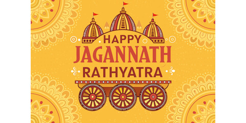 Happy Jagannath Rath Yatra celebration with colorful chariots and traditional Indian motifs on a festive yellow background honoring Indian culture