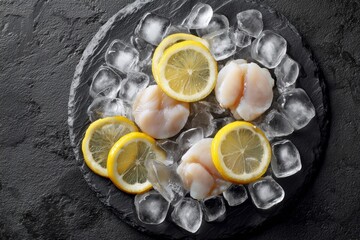 Fresh Scallops on Ice with Lemon Slices: A Culinary Still Life