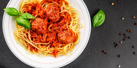 Spaghetti meatballs tomato sauce Italian recipe fresh delicious gourmet food background on the table rustic food top view copy space