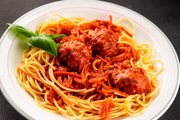 Spaghetti meatballs tomato sauce Italian recipe fresh delicious gourmet food background on the table rustic food top view copy space