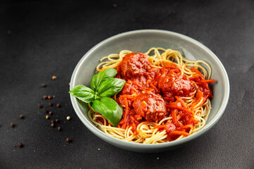 Spaghetti meatballs tomato sauce Italian recipe fresh delicious gourmet food background on the table rustic food top view copy space
