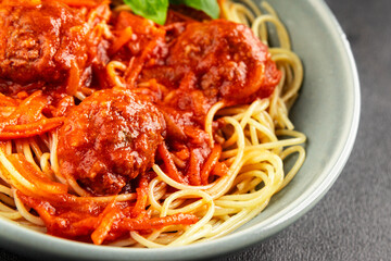 Spaghetti meatballs tomato sauce Italian recipe fresh delicious gourmet food background on the table rustic food top view copy space