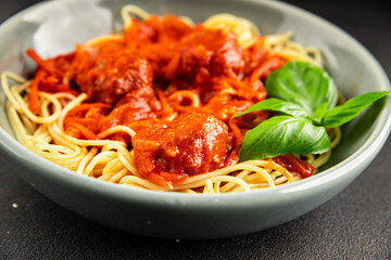 Spaghetti meatballs tomato sauce Italian recipe fresh delicious gourmet food background on the table rustic food top view copy space