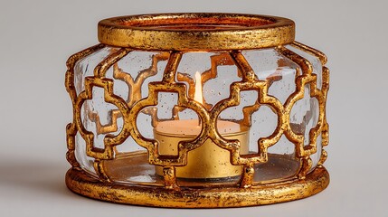 Gold Candle Holder with Lit Candle, and Home Decor.