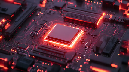 Illuminated Circuit Board with Central Processor Highlighted in Red