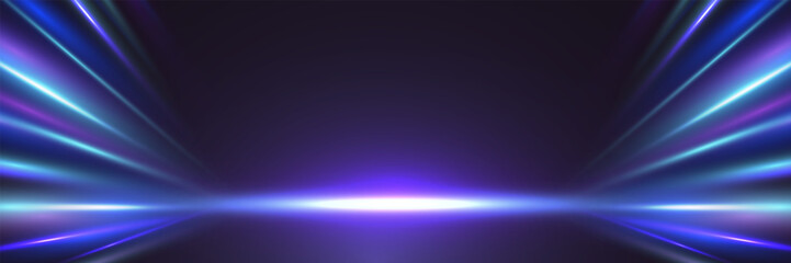 Neon lights and glowing stage beams in a futuristic spotlight scene on dark background. Perfect for events, concerts, or tech visuals. Vector Illustration