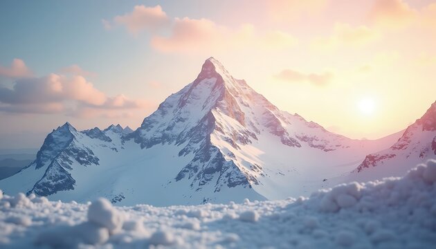 Snowy mountain peak under soft, pastel sky during sunset or sunrise.