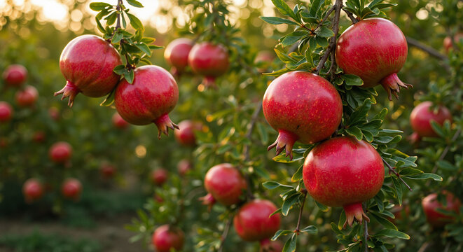 Ripe pomegranates hanging on branches in an orchard at sunset  
