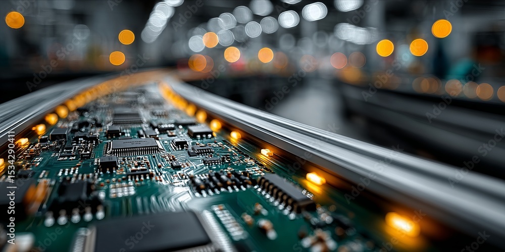 Poster circuit board in factory setting with bokeh lights