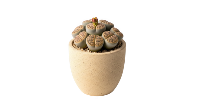 A blossoming living stone succulent emerges from its container, hinting at nature's quiet drama.