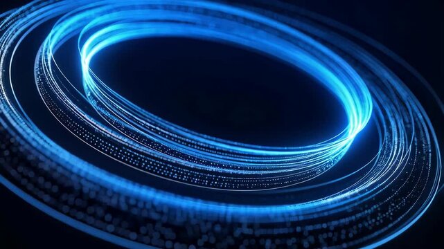 Abstract technology background with glowing blue light trails forming ellipse shapes, motion graphics for futuristic concept.