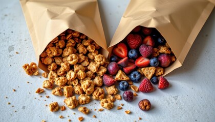 granola and dried fruit in paper pouches