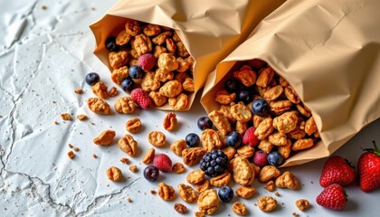 granola and dried fruit in paper pouches