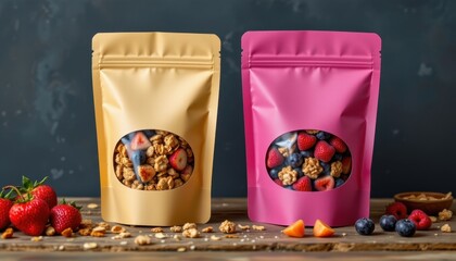 granola and dried fruit in paper pouches